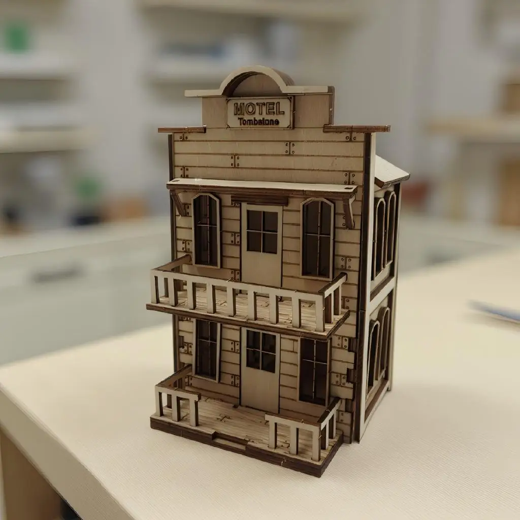 Quebra cabeça 3d de um Hotel na Região Selvagem do Oeste Americano, Maquete de Madeira de um Bar em uma Cidade Fronteiriça. MDUG