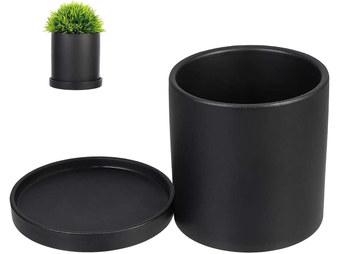Vaso de Cerâmica Finamente Trabalhado para Suculentas, com um Prático Pires Preto. Pequeno Vaso Redondo para Jardim e CHABERLU