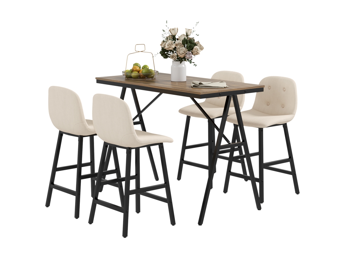 Conjunto de Bar de 5 Peças, Mesa e 4 Cadeiras, Costura Abotoada, Estofamento Grosso, Visual de Linho, Bege