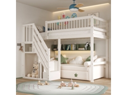 Cama Alta 90x200 Madeira Escada e Armários Branca