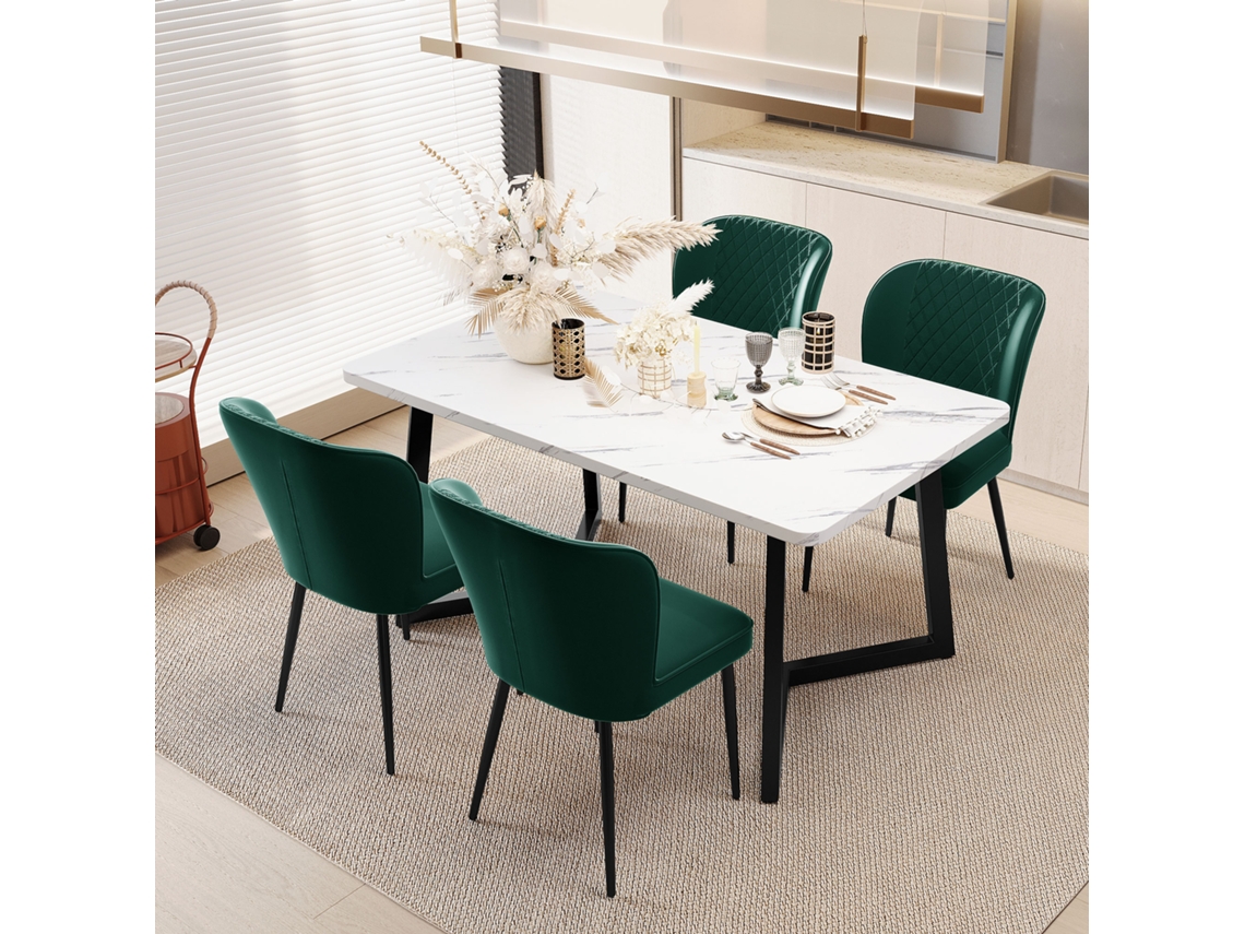 Conjunto De 4 Cadeiras De Jantar, Verde-escuras, Com Estofamento De Design, Encosto, Assento Em Veludo E Estrutura Metálica.