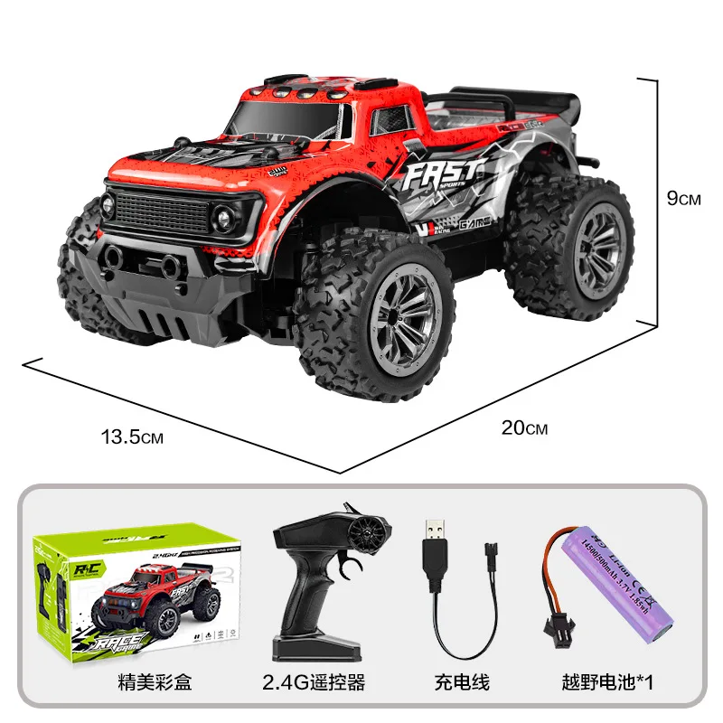 (vermelho) Veículo off-road com controle remoto, velocidade de 25 km/h e luzes de LED, escala 1:20
