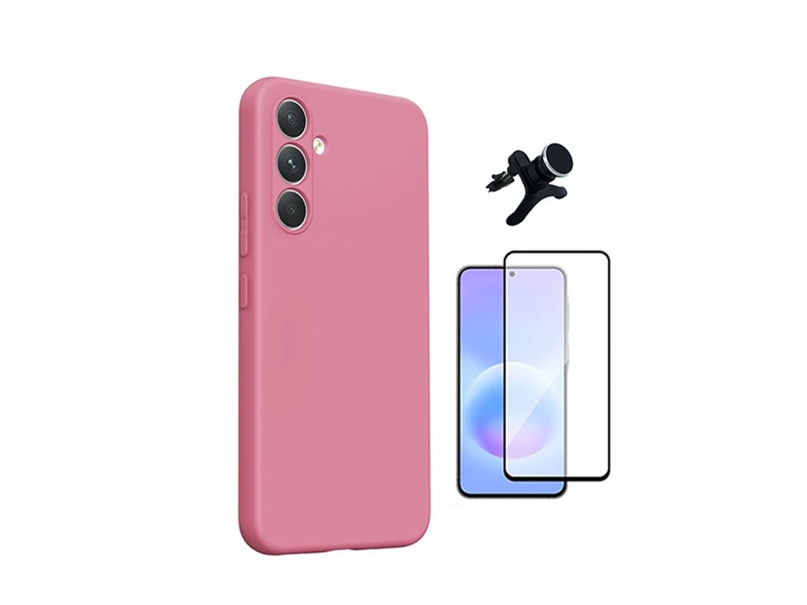 Kit Vidro Temperado Capa Silicone Líquido Suporte Magnético Reforçado Phonecare Para Samsung Galaxy A27 - Rosa