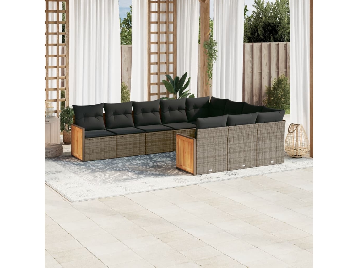 10 Pcs Conjunto Sofás De Jardim C/ Almofadões Vime Pe Cinza Dkd Home Decor