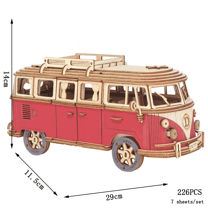 Quebra cabeça 3d de Madeira Retrô. Brinquedo de Montagem MDUG (autocaravana Vermelha)