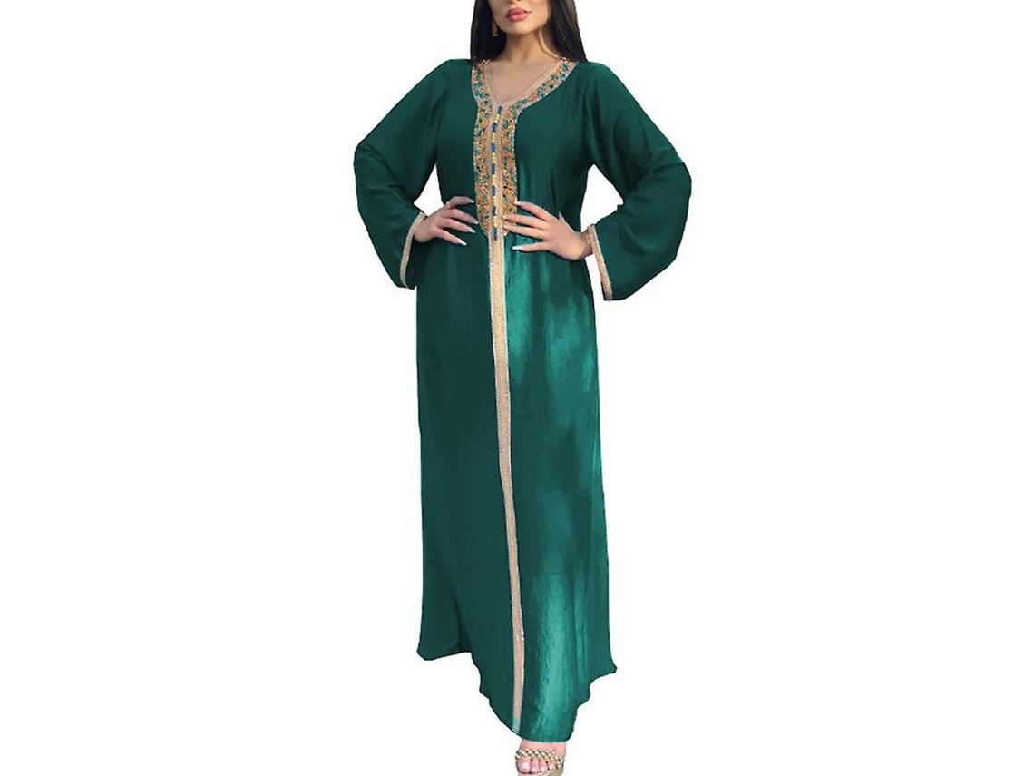 Vestido Longo De Cetim Com Strass Para Eid Al-fitr - Confortável E Soft Em Poliéster - Cores: Verde, Rosa, Azul Claro Verde