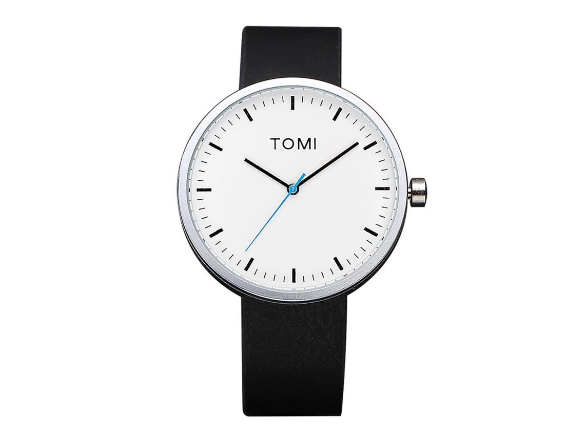 Relógio masculino Tomi Moda com pulseira de PU, mostrador redondo e movimento de quartzo (preto e prata)
