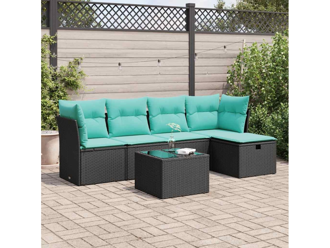 Vidaxl 6 Pcs Conjunto Sofás De Jardim C/ Almofadões Vime Pe Preto