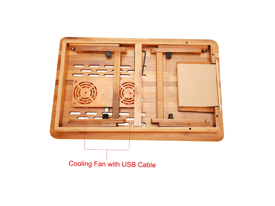 Suporte para Laptop Bambu Plegável Ajustável com Cooler e Gaveta