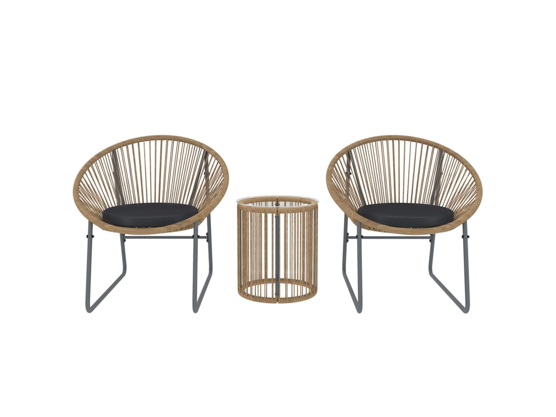 Conjunto Jardim 3 Peças Rattan e Aço, cadeiras com almofadas, mesa cilíndrica, multicolorido QINGYU TECH