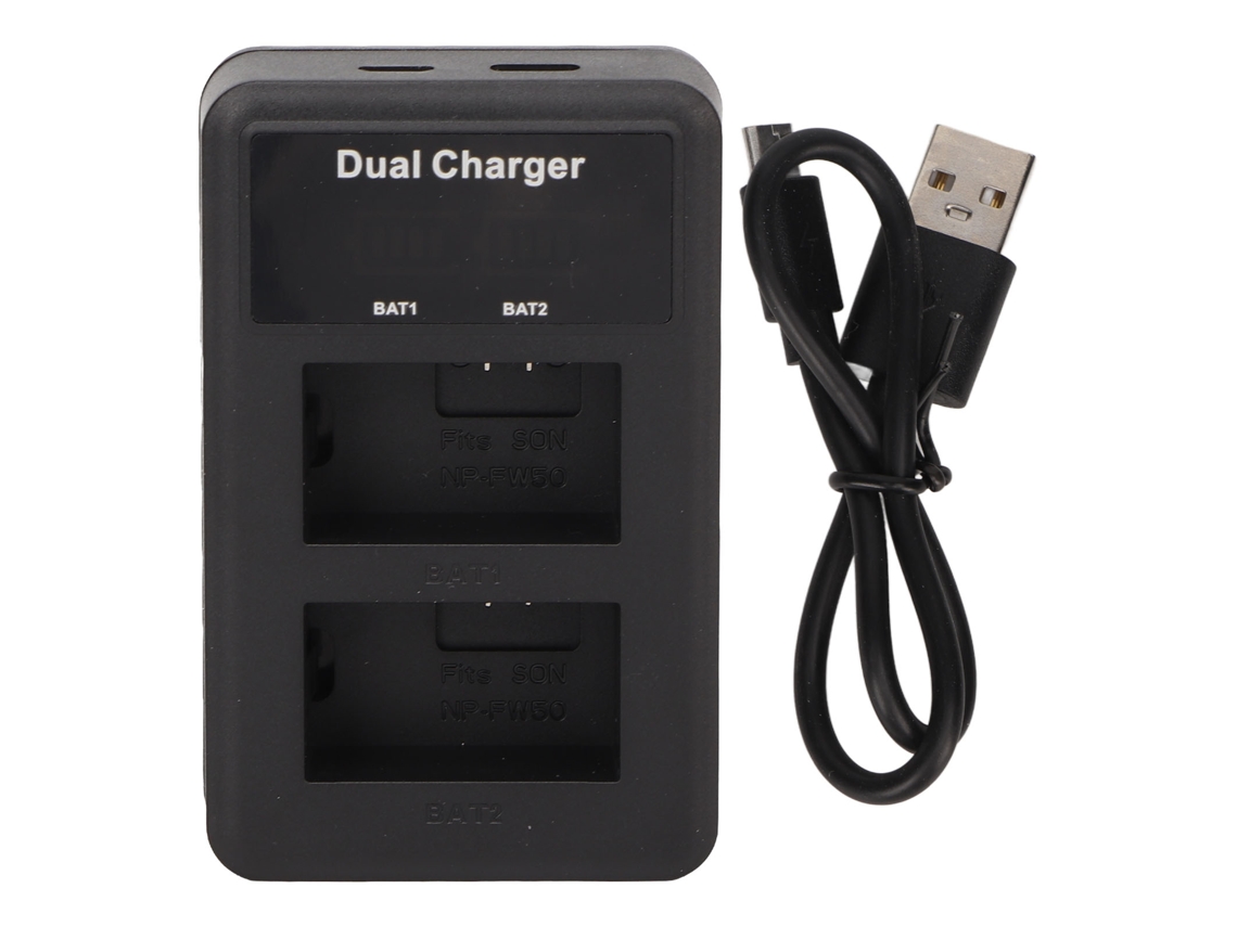 CARREGADOR DUPLO USB PARA BATERIAS NP-FW50, LCD, 5V | S/MARCA