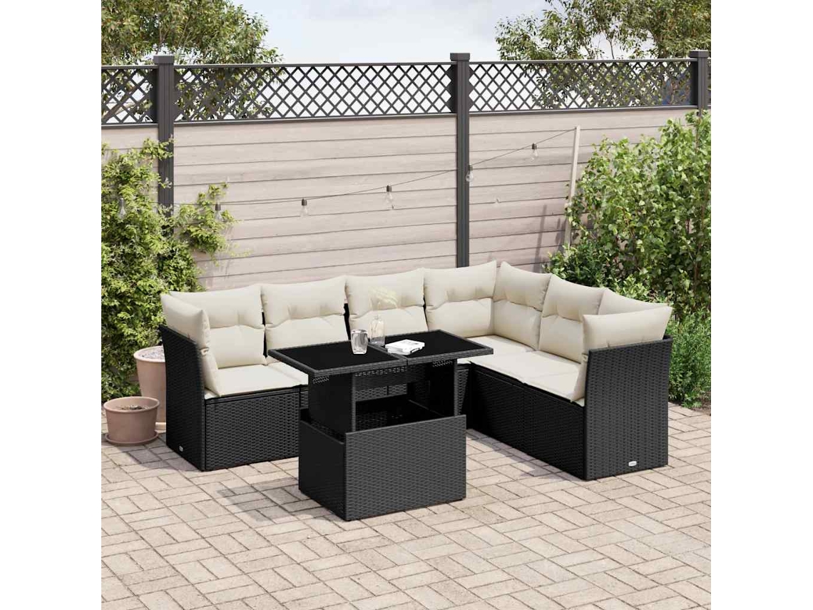 7 Pcs Conjunto De Sofás P/ Jardim C/ Almofadões Vime Pe Preto Dkd Home Decor
