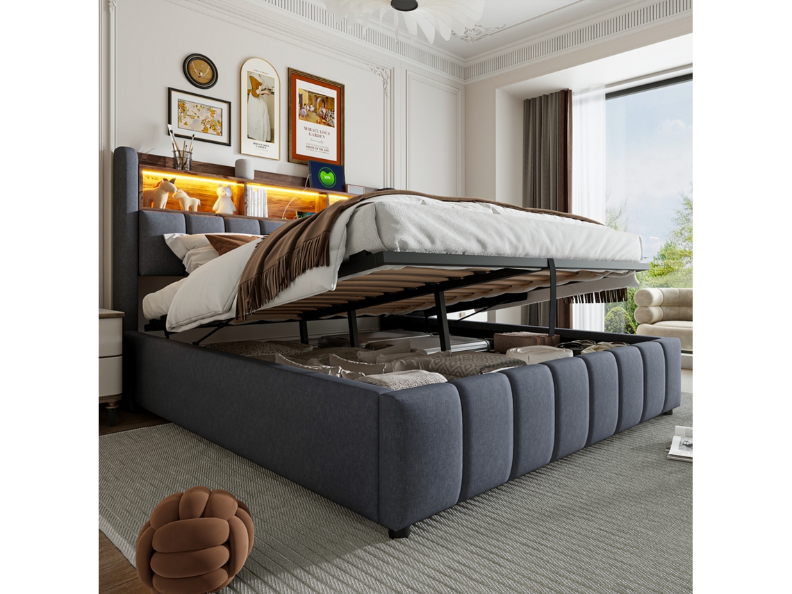 Cama Casal 180x200cm Led Usb Armário Hidráulica Linho Cinza