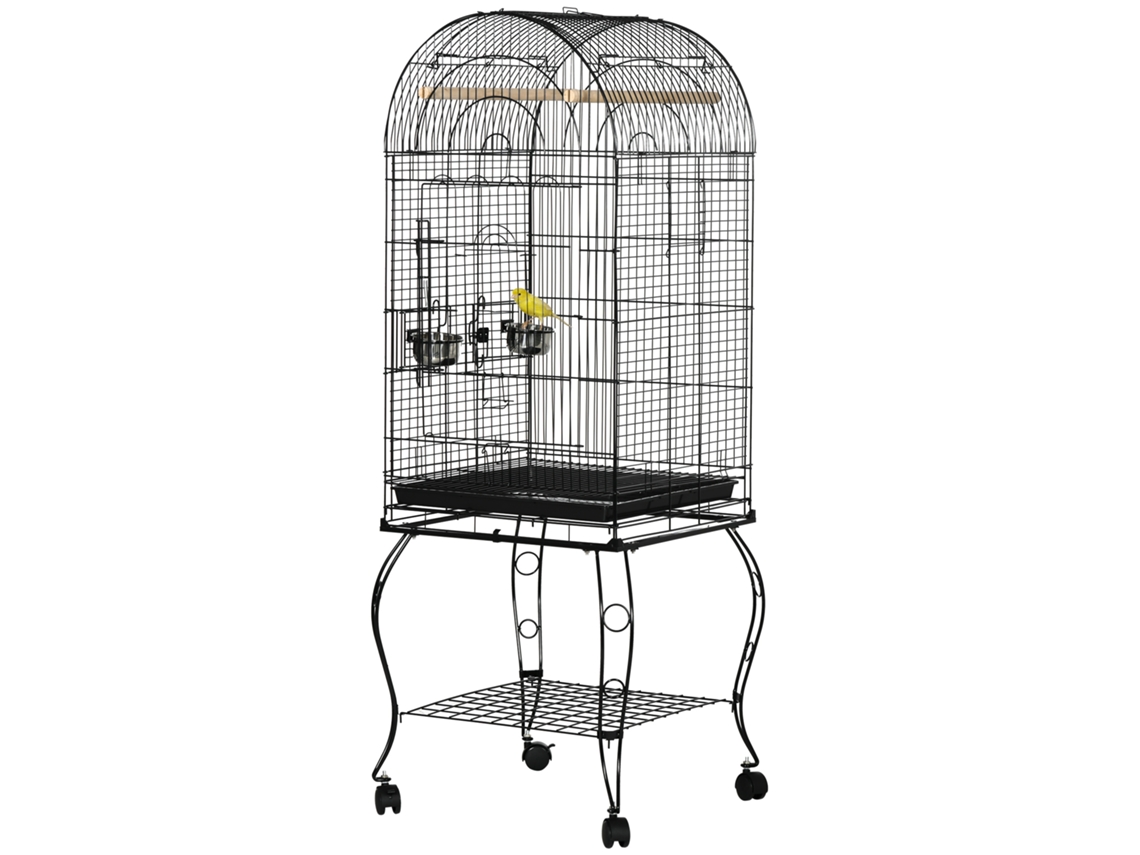 Gaiola Para Pássaros Com Suporte E Rodas Bandeja Amovível E 2 Tigelas 51x51x153 Cm Preto