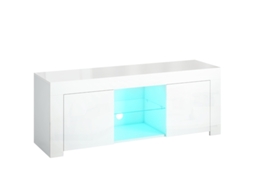 Armário Para Tv Com Iluminação Led, 2 Portas, Prateleira De Vidro, Furos Para Cabos, Para Sala De Estar, Aglomerado, Branco.