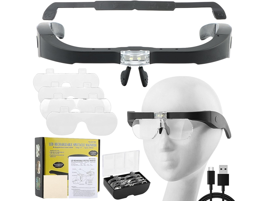 Óculos De Aumento Com Luz, Modelo Mais Recente De 2025, Com 2 Luzes Led E 4 Lentes Removíveis De 1,5x, 2,5x, 3,5x E 5x. Aquaforge