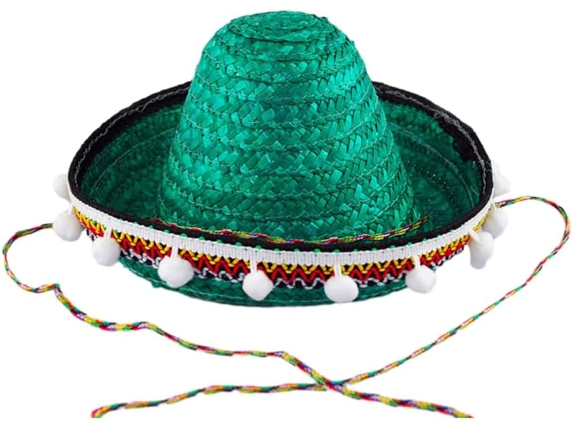 Palha Chapéu Artesanal Mexicana, Estilo Havaiano Com Pompons Brancos, Verde, Tamanho Único.