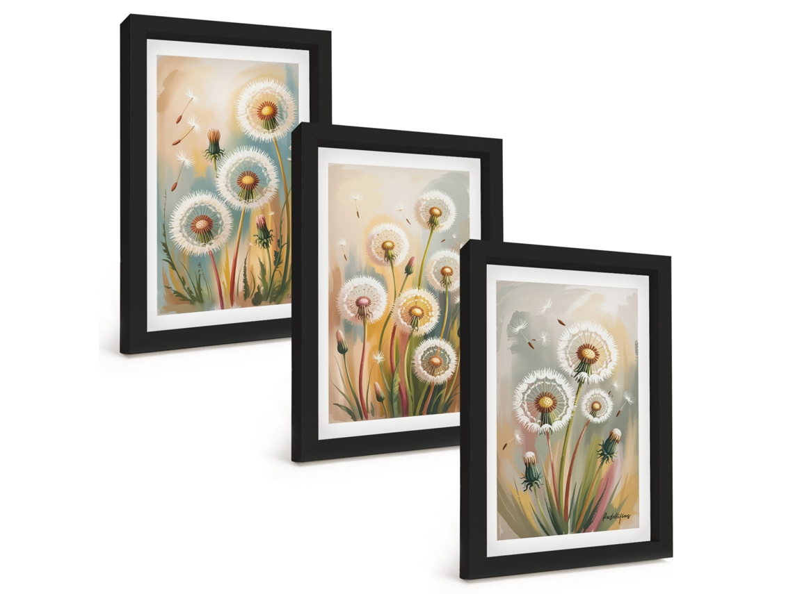 Composição De Quadros Flores De Dente-de-leão, Grama Em Tons Pastel Espelharte (3 Peças 20x30 Cm)