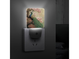 Luminária de parede Oriental Pavão em Árvore Florida, com sensor crepuscular, LED, plugue decorativo.