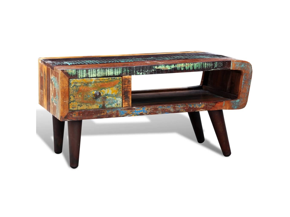 Mesa De Centro Com Borda Curva E 1 Gaveta, Madeira Reciclada Lovely Home