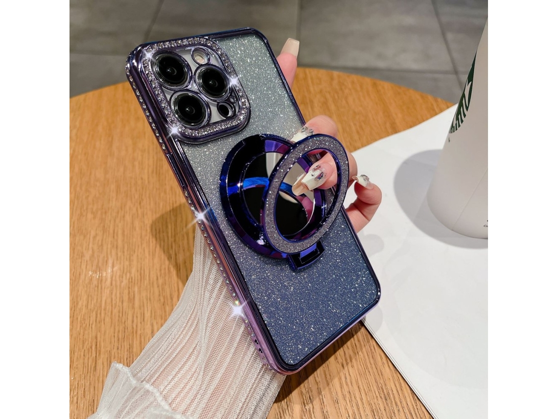 Suporte Casa Para Iphone 15 Pro Pele Sintética Magnética Roxo