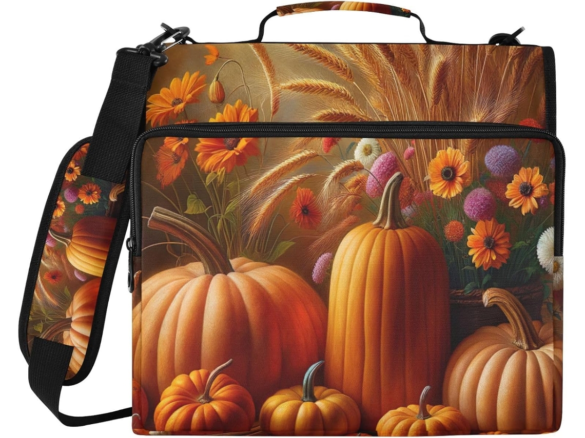 Organizador de bolsa com estampa de Abóbora Outono, fecho de 3 argolas com compartimento para laptop, resistente à água.