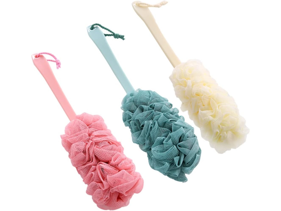 Conjunto De 3 Escovas Banho Com Cabo Longo Para Esfoliação Das Costas, Esponja De Malha Macia, Esfoliante Corporal