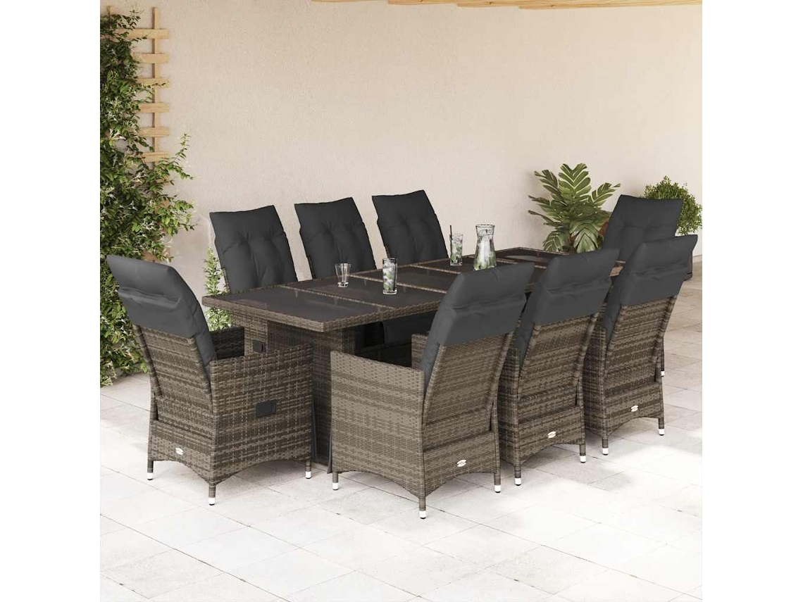 Vidaxl 9 Pcs Conjunto Bistrô De Jardim C/ Almofadões Vime Pe Cinzento