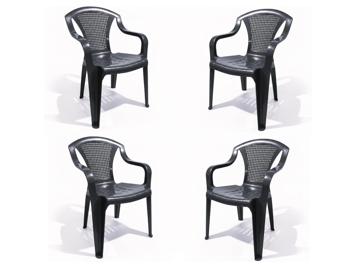 Conjunto de cadeiras de plástico empilháveis para terraço, jardim, pátio, praia, camping e áreas externas (4 unidades, cinza antracite)