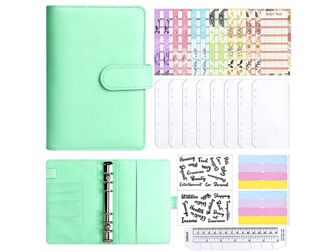 A6 Pu Leather Binder Cover, Budget Planner With 8zip Pockets, Cash Budget Cards, Stickers, Clear Ruler, Seaweed Green