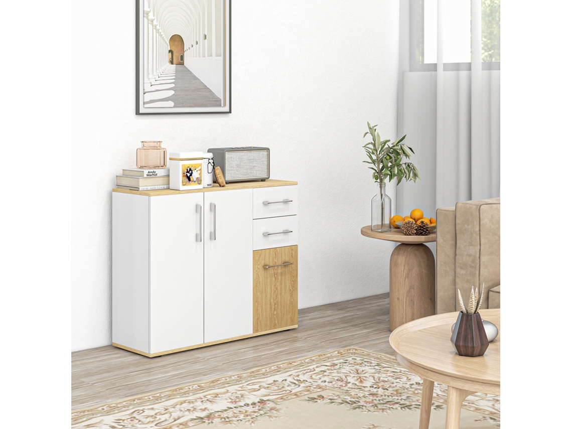 Buffet Sala ZIWEI STORE com 90x30x75,5 cm, branco, madeira, 2 gavetas, 2 portas, prateleiras ajustáveis, quarto escritório