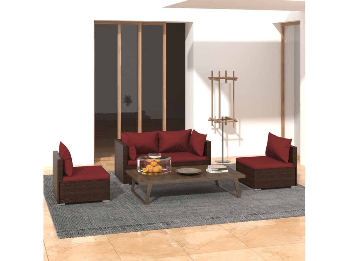 4 Pcs Conjunto Lounge Jardim C/ Almofadões Vime Pe Marrom Dkd Home Decor