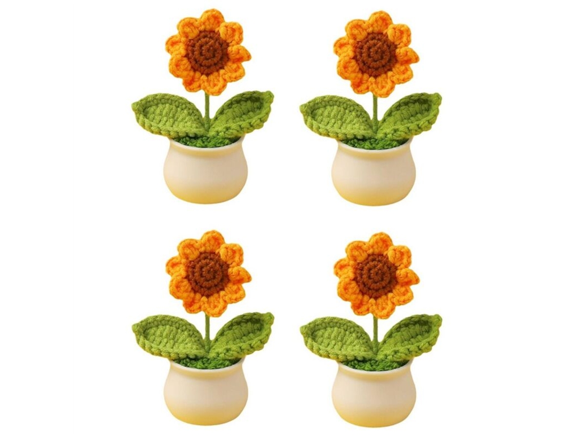 Conjunto de 4 Mini Girassóis de Crochê em Vaso, Flores Artificiais Feitas À Mão para Decoração de Carros. AQUAFORGE