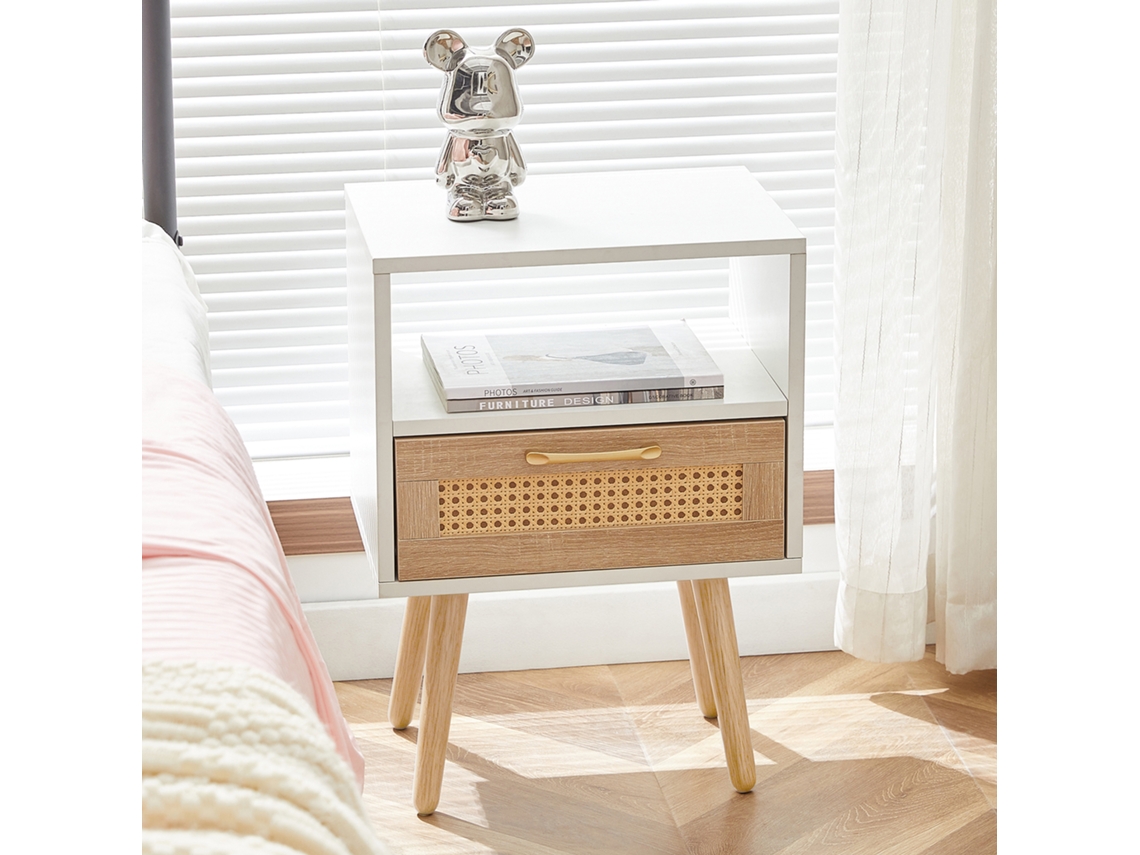 Mesa De Apoio Em Rattan Com Gaveta E Pés Em Madeira Maciça, Mesa De Cabeceira Moderna, Mesa De Apoio Para Sala, Quarto, Branca - A55/l40/p30 Cm