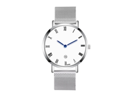 Relógio masculino com numerais romanos, pulseira de malha de aço, movimento de quartzo, prateado.