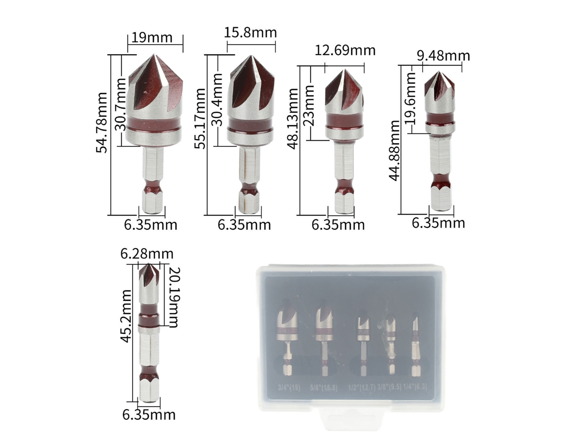 Conjunto Brocas Countersink 5pcs Hss 82 Graus