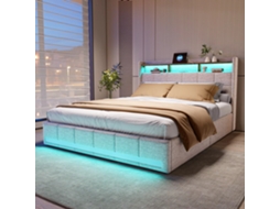 Estrado de cama de casal 140x190 cm, ripas, 4 gavetas, luz RGB LED, veludo bege | ROSAHQNDA