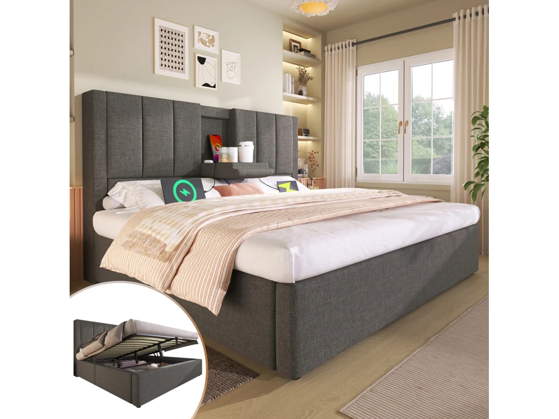 Cama Casal 160x200 Cm Com Compartimento Suporte Copos E Carregamento Cinza