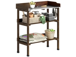 Mesa De Jardinagem De Madeira Com Superfície Metálica Prateleiras E Ganchos Para E Terraço 76x37x89 Cm Carbonizado
