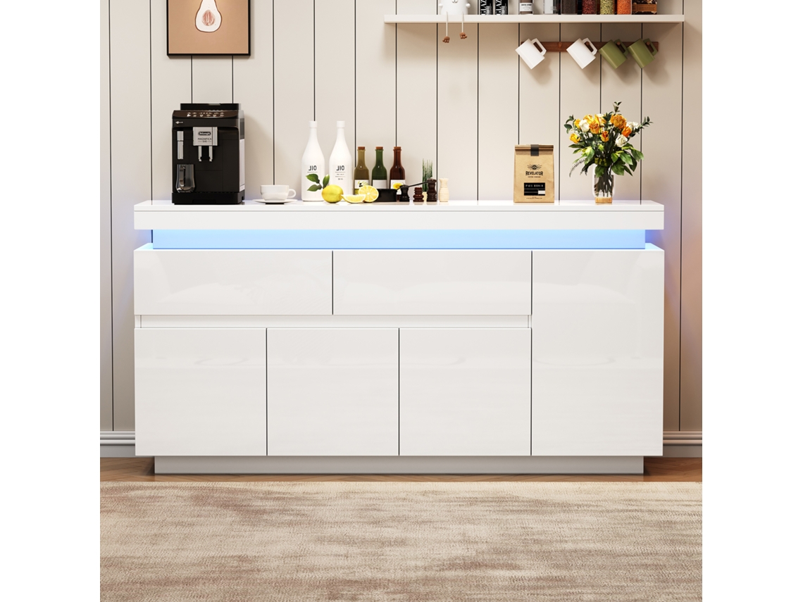 Armário Sala Branco 140x35x72,5cm, 2 Gavetas, 4 Portas, Alto Brilho, Led. Cs