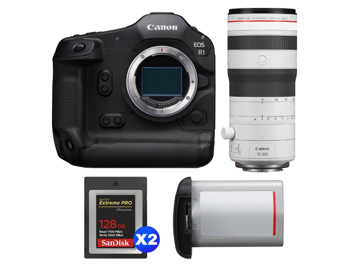 Eos R1 + Rf 70 200mm F/2.8 L Is Usm Z Branco + 2 Sandisk 128gb Extreme Pro Cfexpress Type B + Canon Lp e19 + Ebook Pricedirect CANON