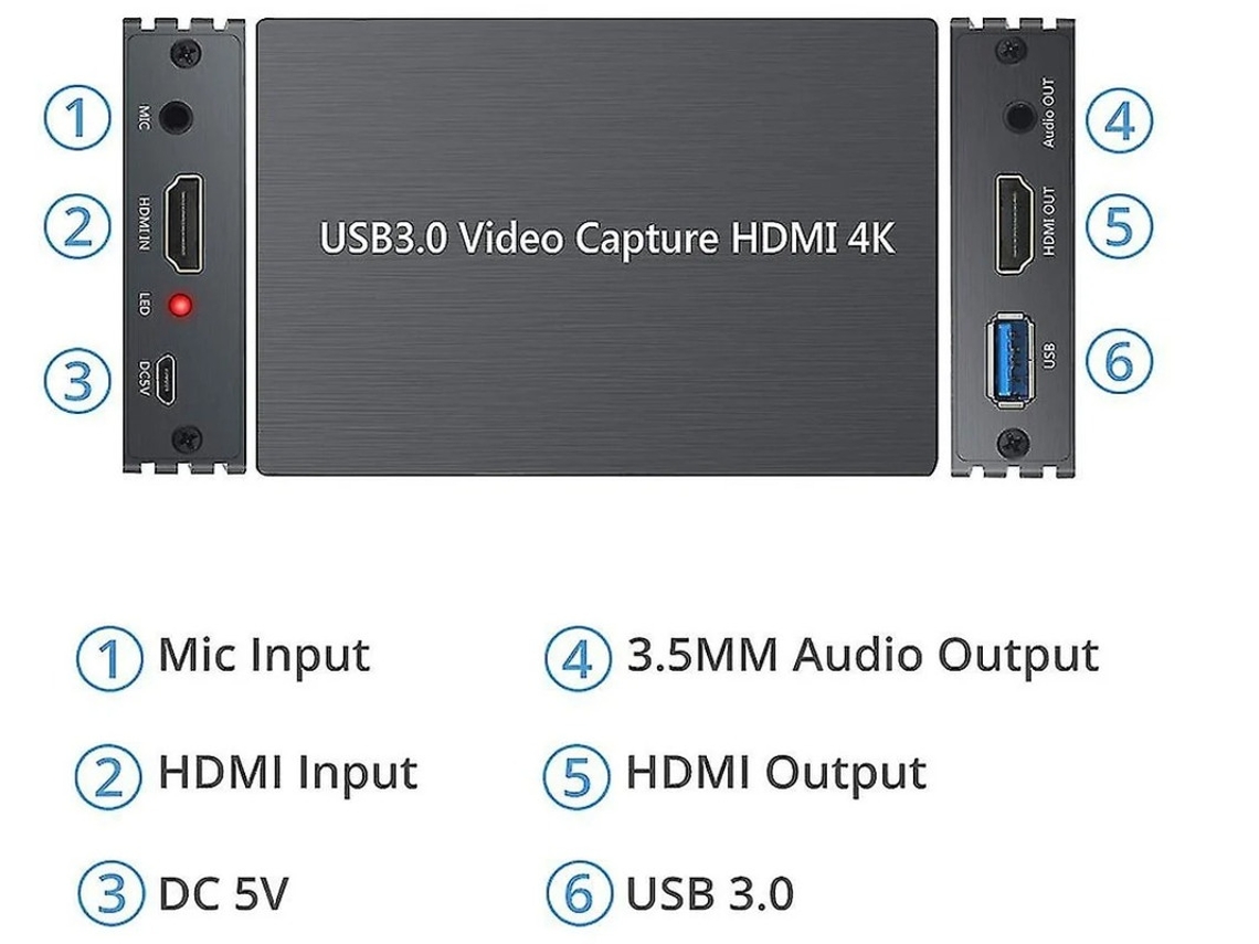 Placa de Captura Hdmi 4K Captura Captura de Vídeo Hd 1080P Placa Hdmi Usb 3.0 Gravação de Vídeo Ao Vivo com Saída Hdmi Entrada de Microfone YIZHOOD