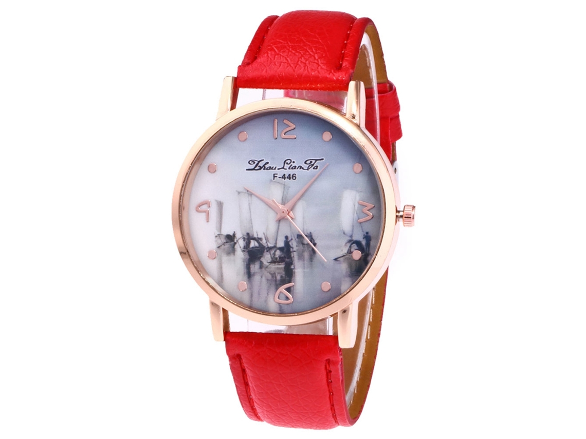 Relógio de casal Zhoulianfa com pulseira de couro PU, mostrador redondo e movimento de quartzo (vermelho)