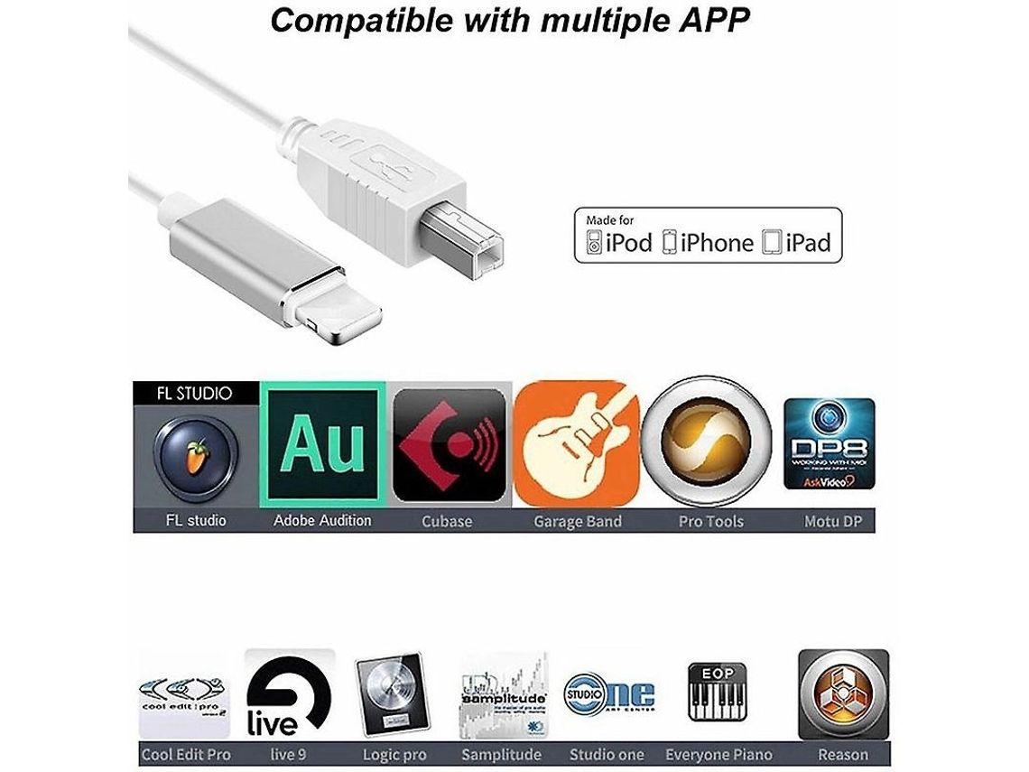 Cabo De Interface Usb Midi Lightning, Usb-b E Usb 2.0, 1 M, Plug And Play, Para Teclado Midi, Piano Digital E Bateria Eletrónica - Elysve