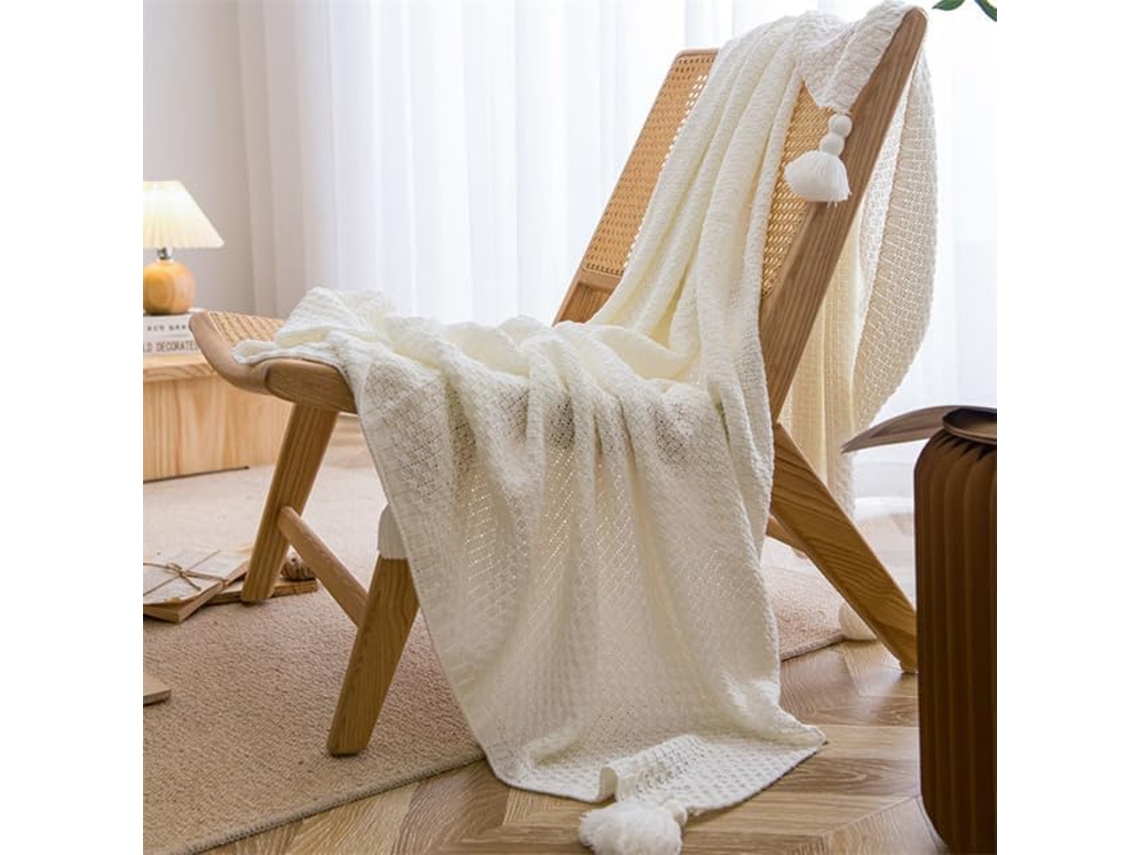 Mantas de Estilo Nórdico para Cama e Sofá Colcha Malha Grossa com Pompom Manta Cor Sólida Relevo, Macio, Quent