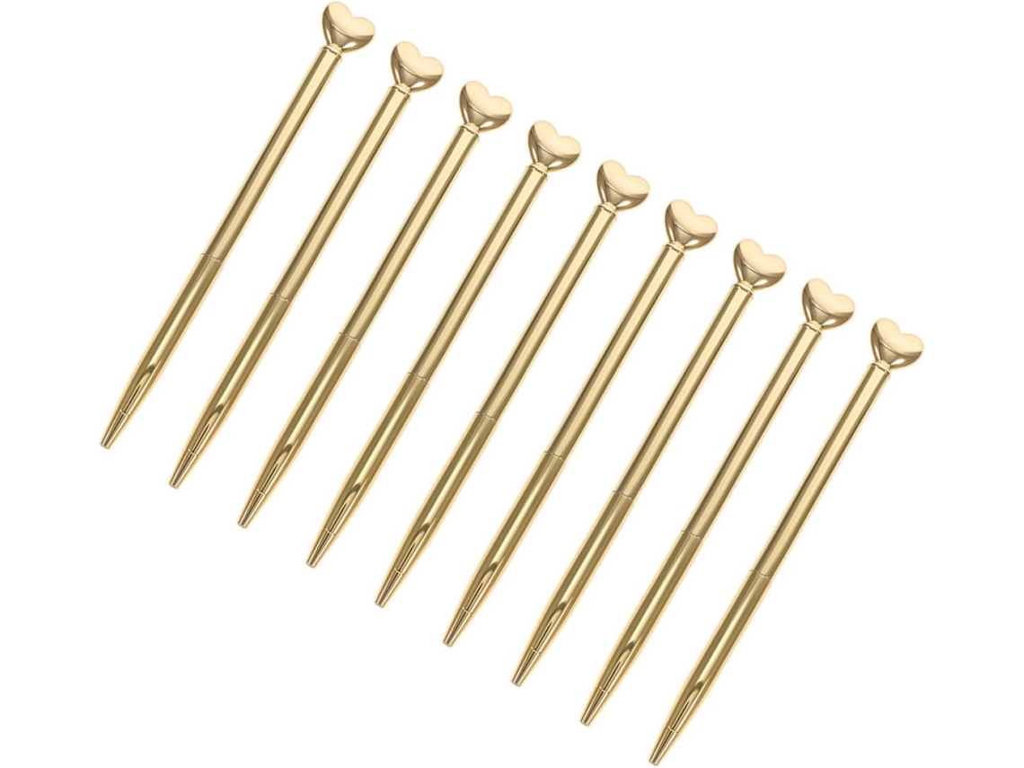 Conjunto de 9 Canetas Esferográficas Retráteis em Formato Coração Metal Dourado, Decorativas Charmosas e Elega