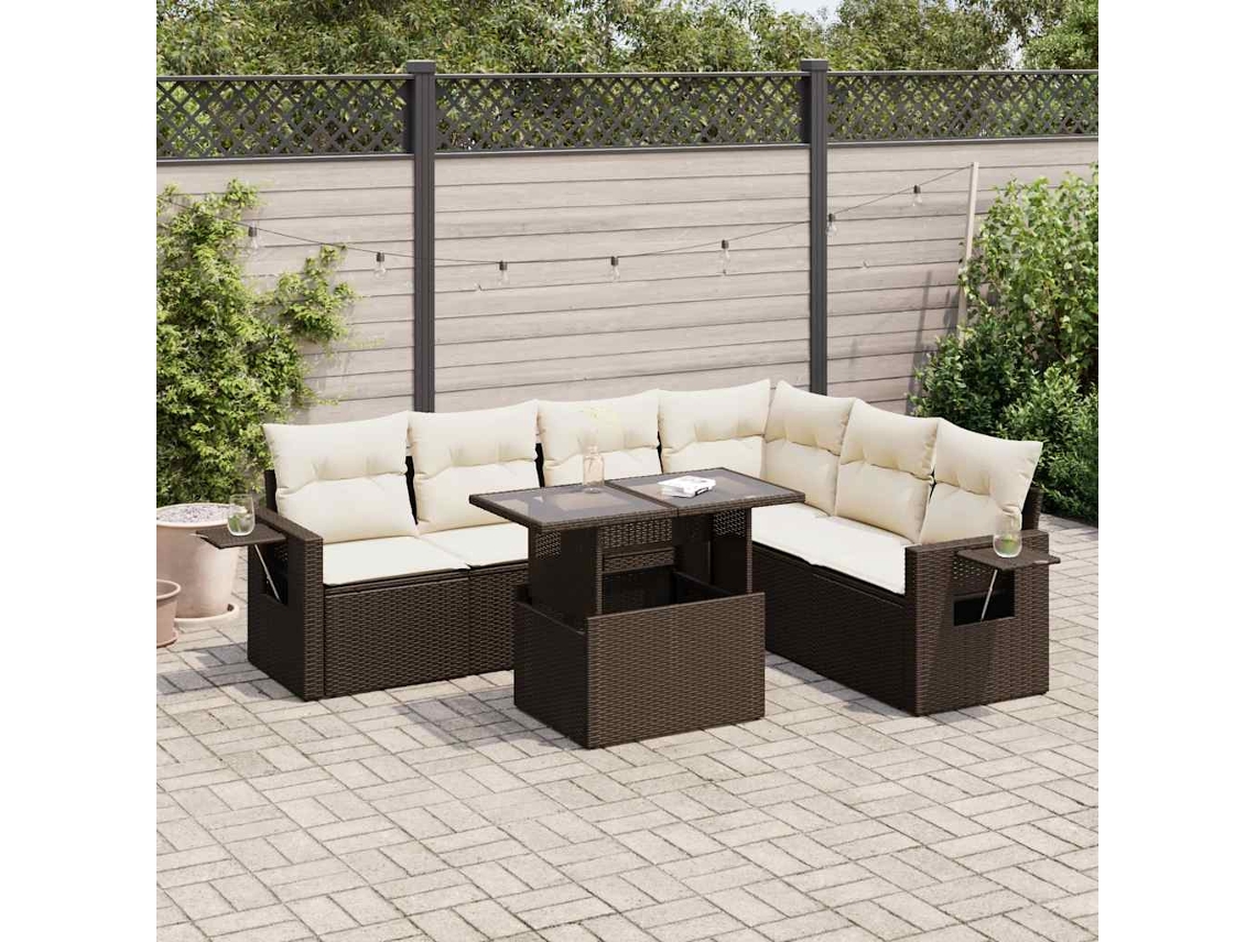 Vidaxl 7 Pcs Conjunto De Sofás Jardim C/ Almofadões Vime Pe Castanho