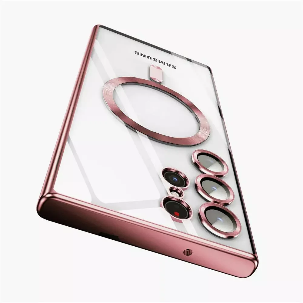 (samsung S24 Rosa) Capa Transparente Magnética Eletroplaqueada Para Celular Samsung, Compatível Com Carregamento Sem Fio Magsafe.