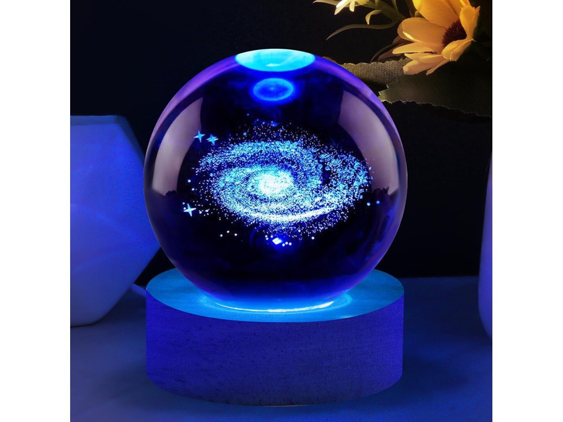 Bola Cristal Luz Nocturna 3d Galaxy com Base Madeira, Decoracao Mesa, Presente Astronomia ZYBLSSBB