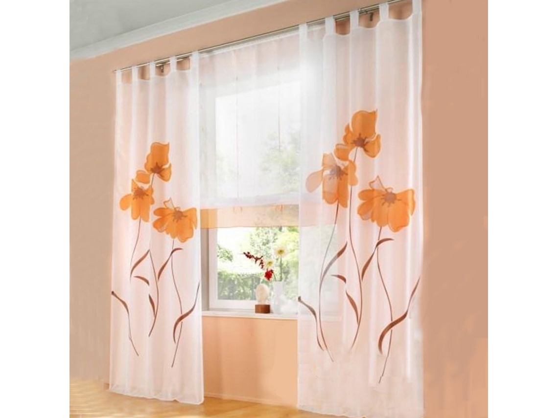Cortina Estilo Xale, Conjunto De 2 Peças, Estampa Floral, Para Sala Estar E Quarto, Com Fivela (150 Cm Largura, 145 Altura, Laranj Aquaforge